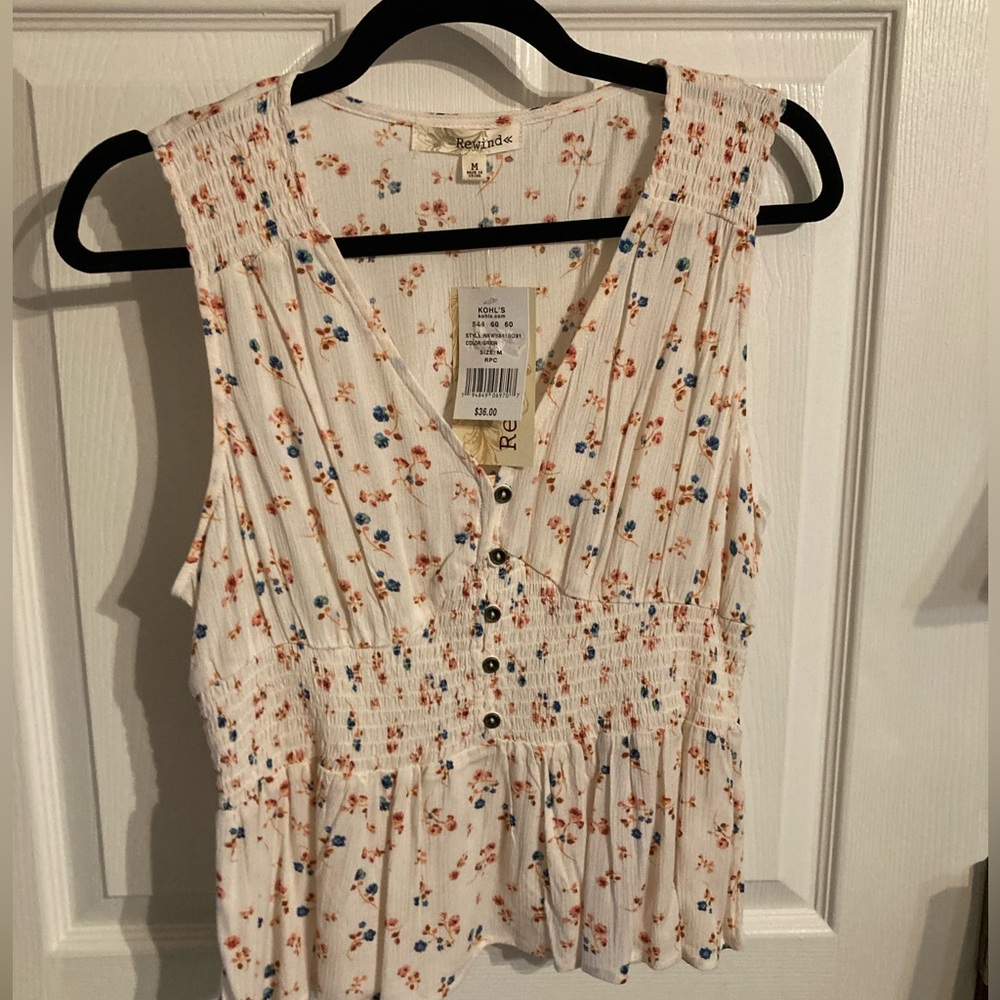 Rewind White Floral Smocked Tank Top with Blue & Rust Flowers